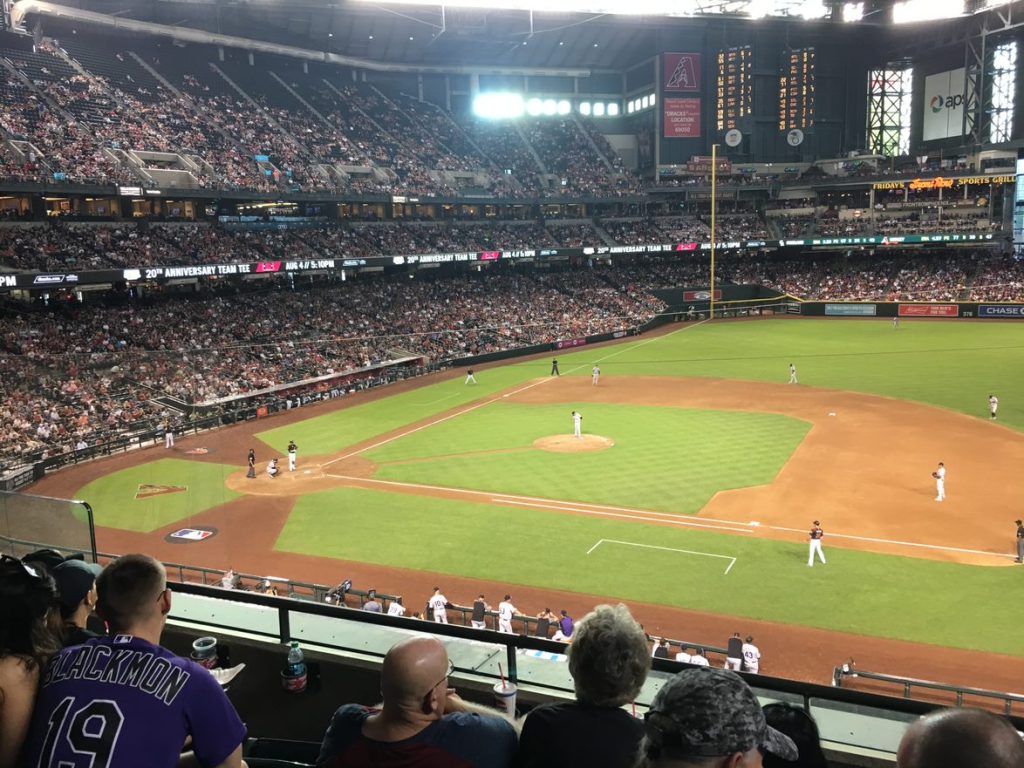 Chase Field in Phoenix, Arizona in a game between the Arizona Diamondbacks and the Colorado Rockies.