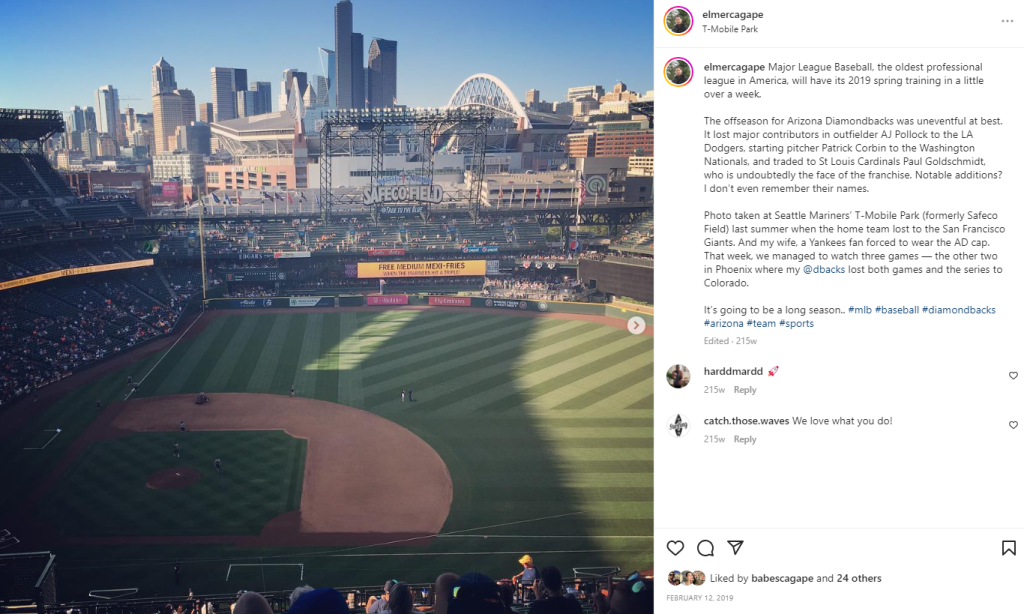 We also watched the game between the Seattle Mariners hosting the San Francisco Giants at T-Mobile Park.